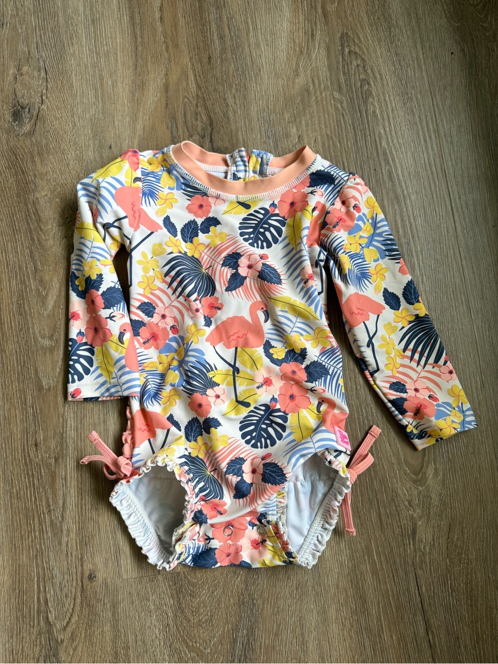 18-24 month Long-Sleeve Flamingo Print Kids Swimsuit - Pink/Yellow
